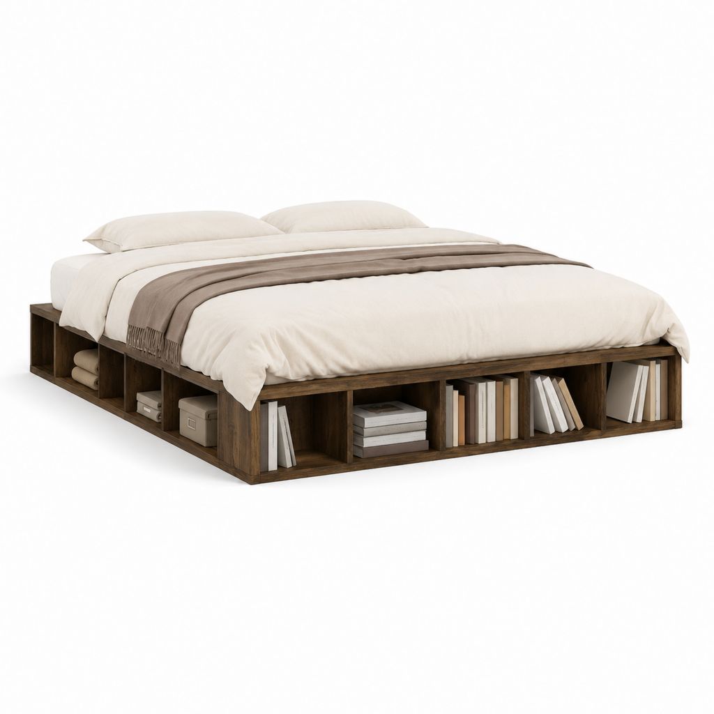 Lit plateforme avec rangement brun effet noyer 160 x 200 cm