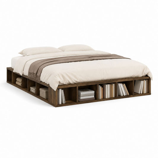 Lit plateforme avec rangement brun effet noyer 160 x 200 cm