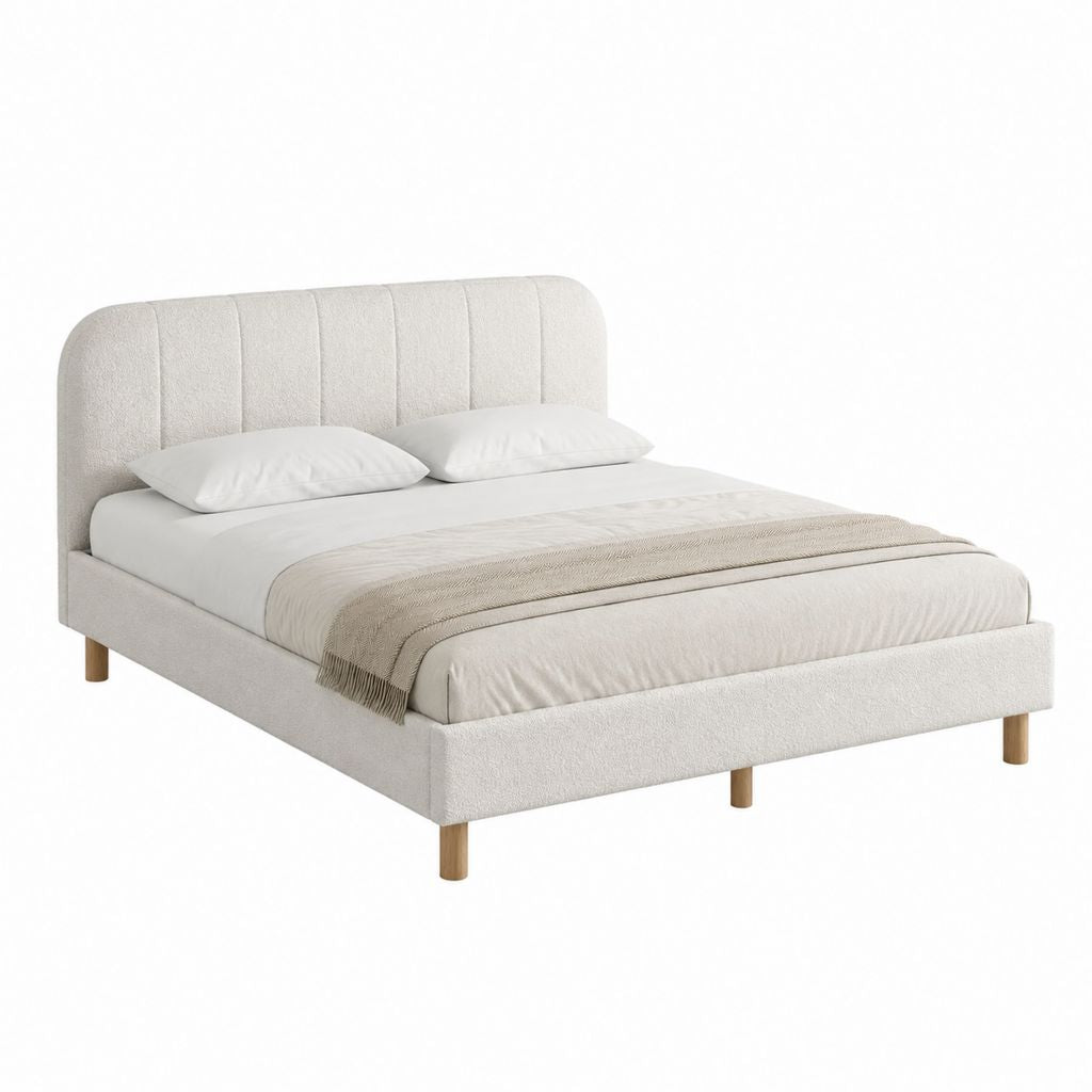 Lit double 160 x 200 cm beige en polyester avec tête de lit capitonnée et pieds en bois massif
