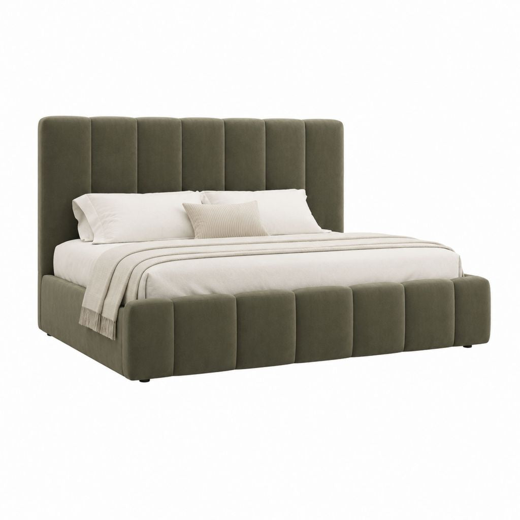 Cadre de lit rembourré rectangulaire vert olive en velours de polyester 160 x 200 cm