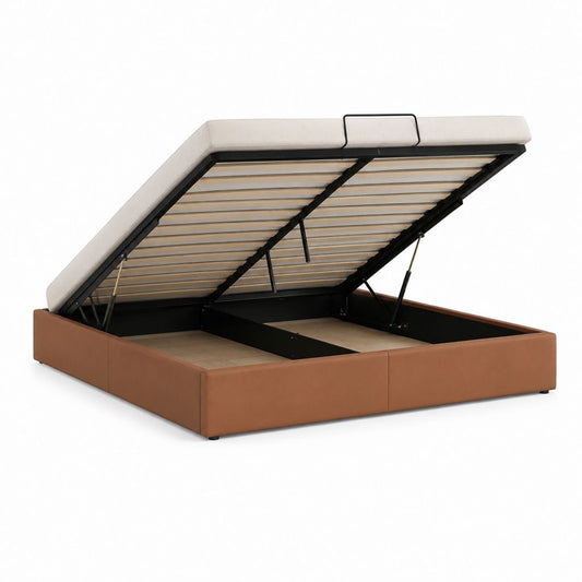 Lit coffre double marron et beige en cuir PU rectangulaire 160 x 200 cm