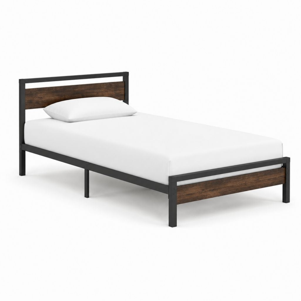 Cadre de lit simple 90 x 190 cm noir et brun en acier et panneaux MDF