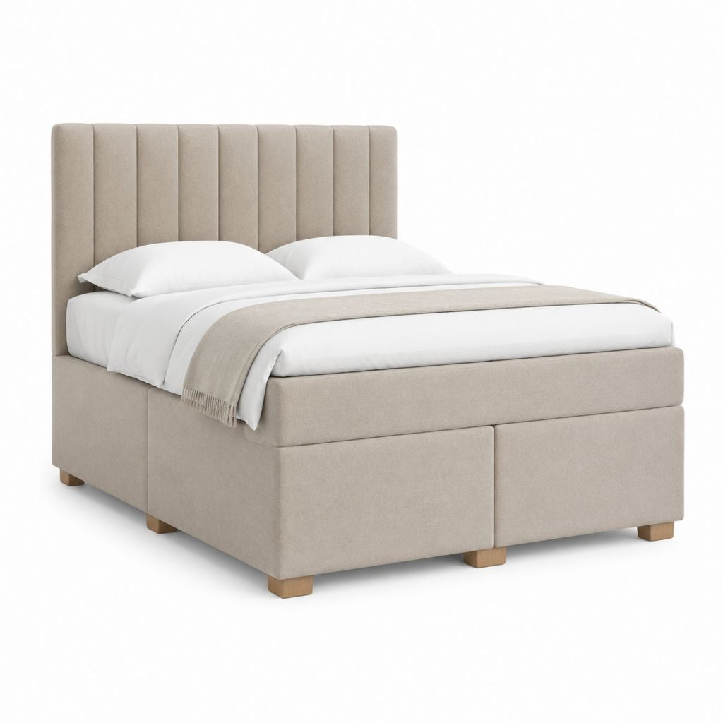 Lit coffre 160 x 200 cm beige en polyester avec tête de lit capitonnée