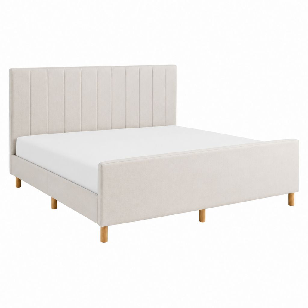 Cadre de lit double beige en polyester avec tête de lit capitonnée 160 x 200 cm