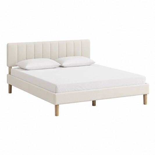 Lit double avec cadre de lit rectangulaire écru en polyester et MDF 160 x 200 cm