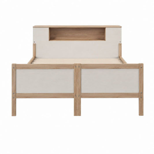 Cadre de lit double 140 x 190 cm beige et chêne en MDF et bois d'hévéa avec tête de lit rangement