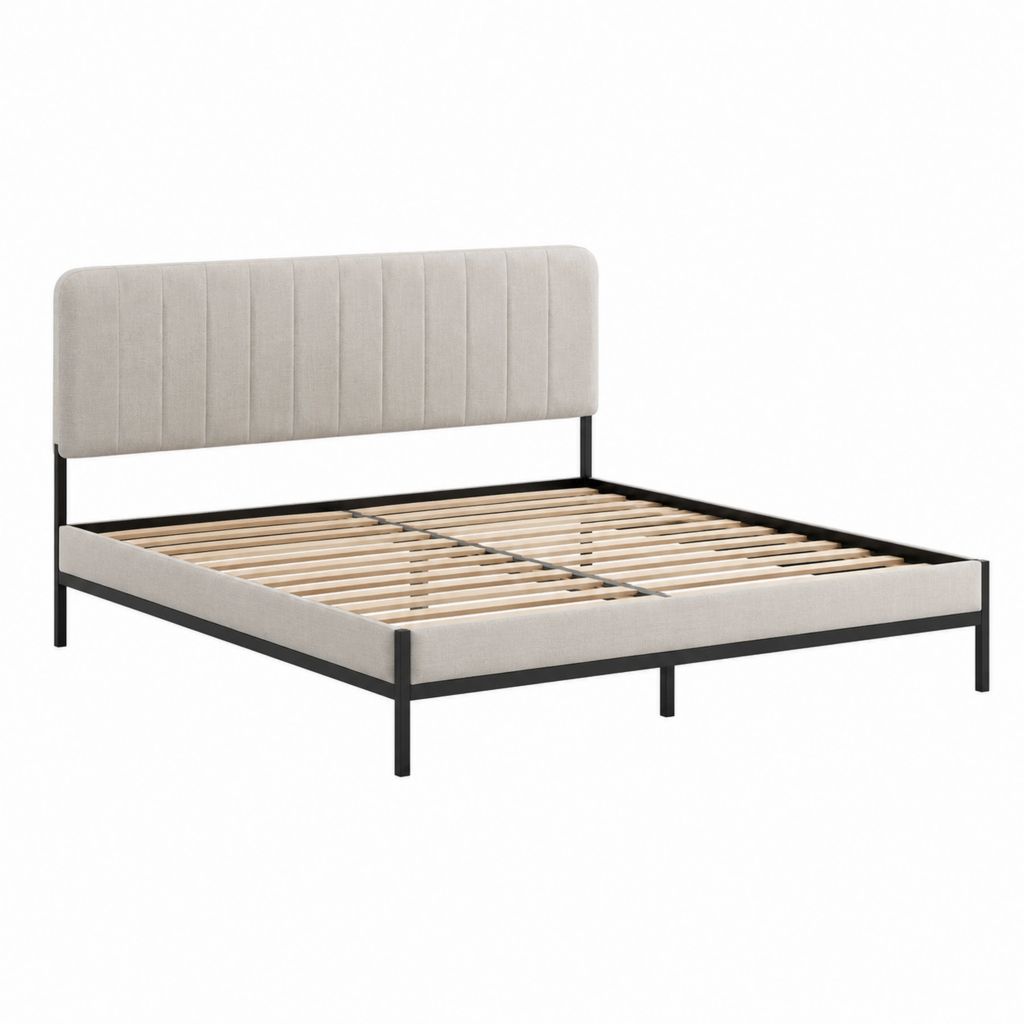 Cadre de lit double 160 x 200 cm beige en polyester avec structure en acier noir et tête de lit capitonnée
