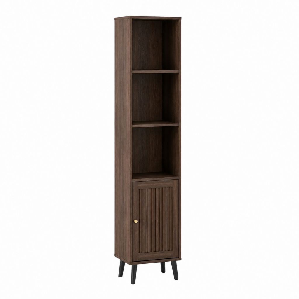 Colonne de rangement salle de bain marron foncé en panneaux MDF 40 x 30 x 180 cm avec étagères et porte