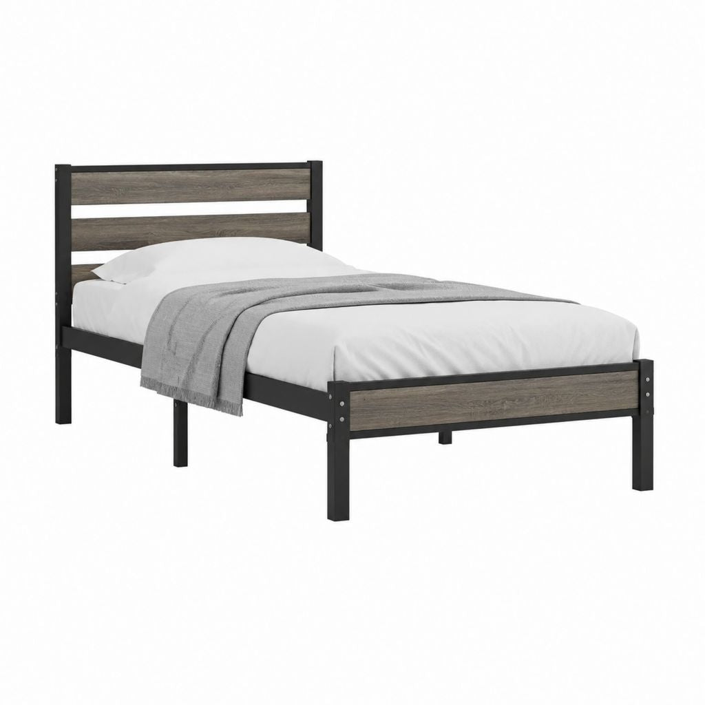 Cadre de lit double 140 x 190 cm noir et gris brun en acier et MDF