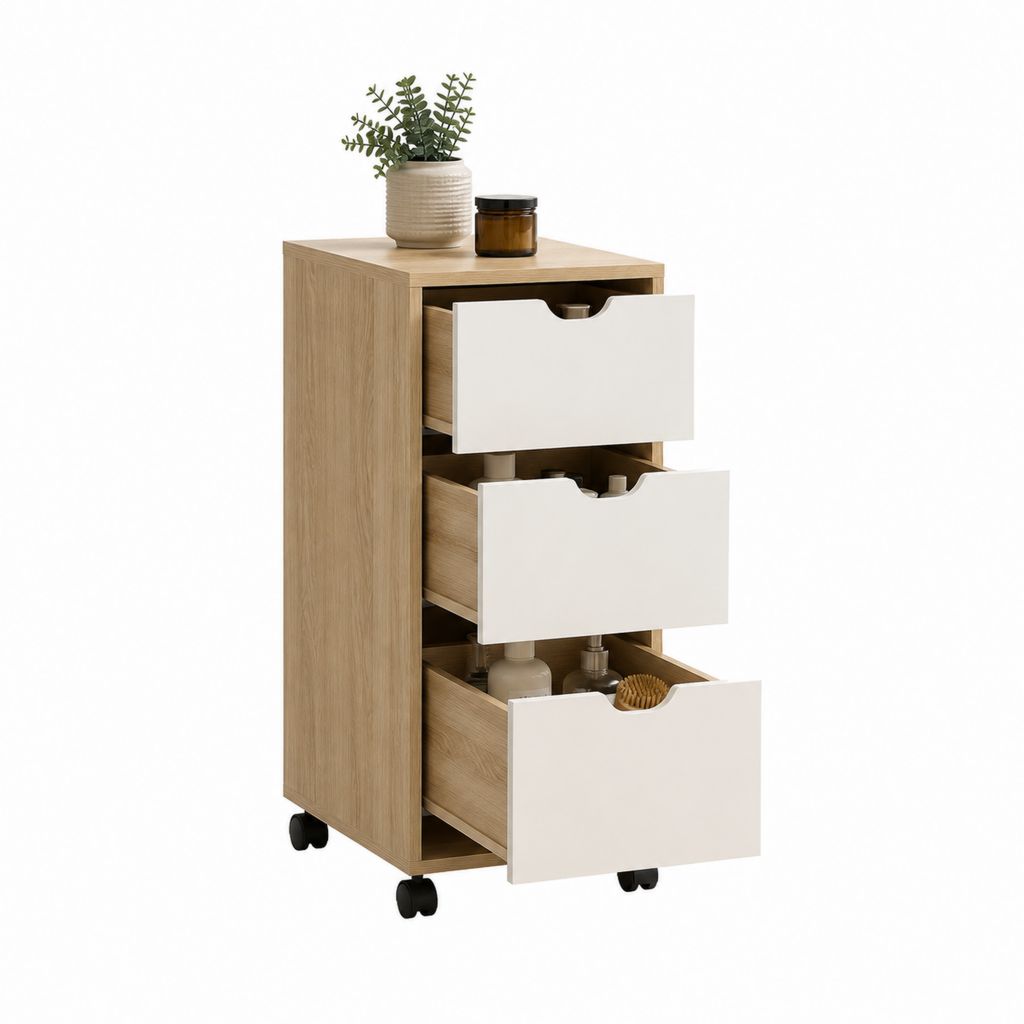 Meuble de rangement de salle de bain à roulettes blanc et chêne clair en MDF 40 x 30 x 75 cm avec 3 tiroirs