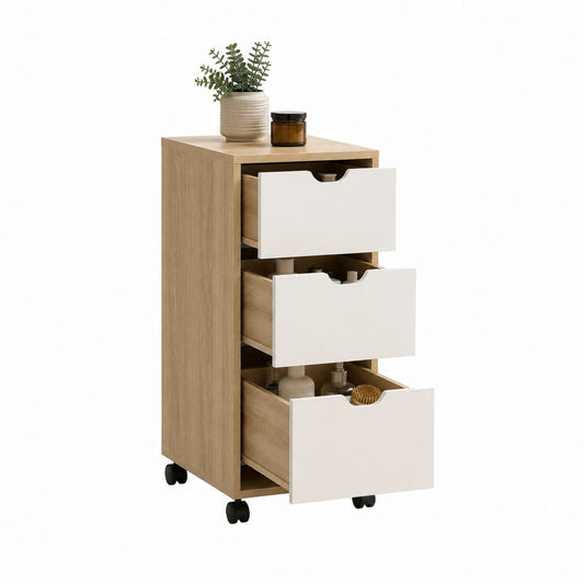 Meuble de rangement de salle de bain à roulettes blanc et chêne clair en MDF 40 x 30 x 75 cm avec 3 tiroirs