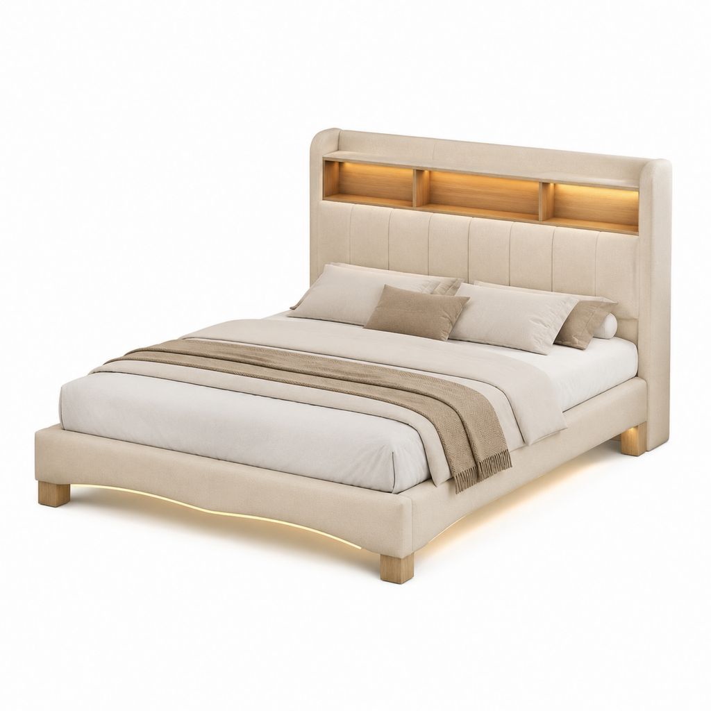 Lit double avec cadre beige en polyester et tête de lit à rangements éclairés 160 x 200 cm