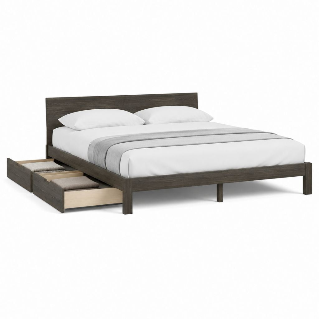 Lit double avec 2 tiroirs de rangement brun foncé en panneaux MDF 160 x 200 cm