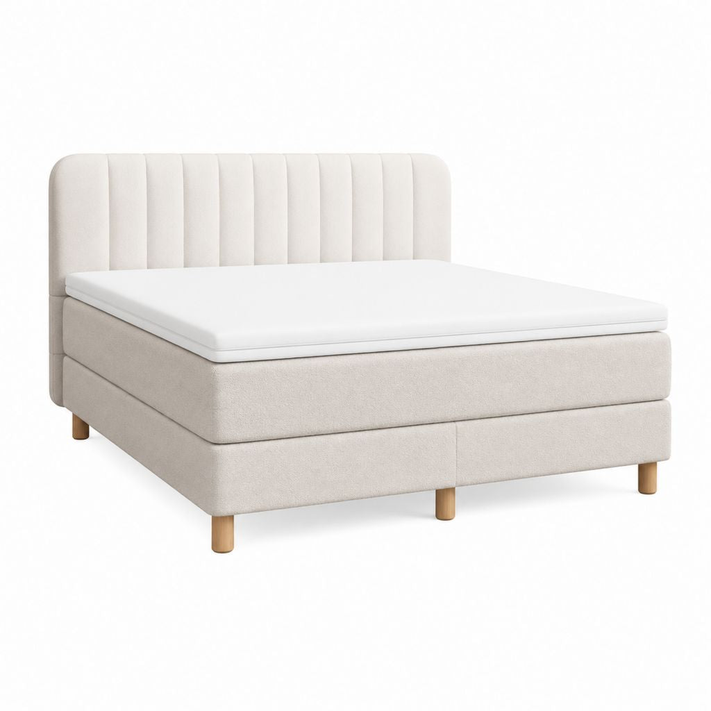 Lit double 160 x 200 cm beige en polyester avec tête de lit capitonnée